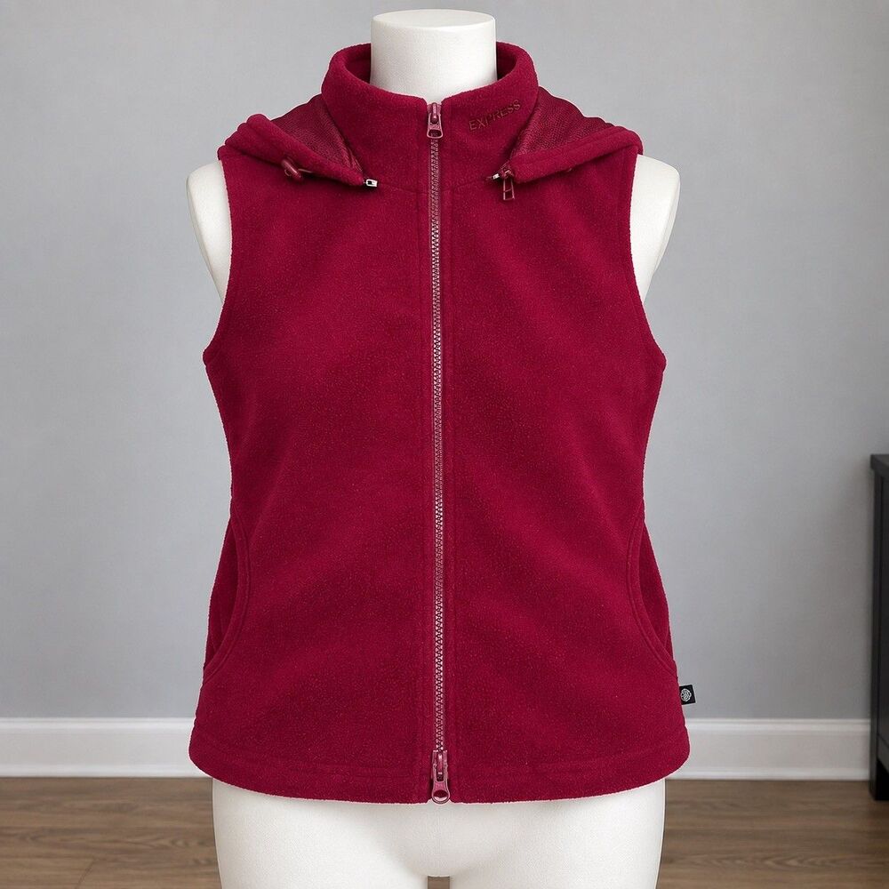 Vintage Y2K Express World Brand Fleece Vest Womens S Hooded Red 90’s Gorpcore